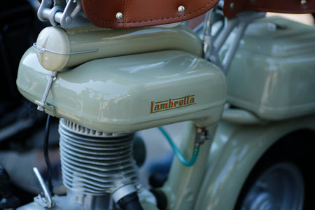 Bibbiano-Reggio Emilia Italy - 07 15 2015: Free rally of vintage cars in the town square Piaggio...