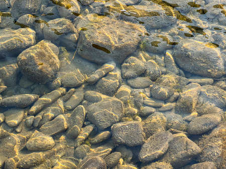 crystal clear water that is reflected on a muddy river bottom with stones. High quality photo