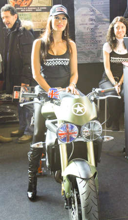 Verona, Italy - 2018 01 16: Verona Bike Expo Custom and Bikes beautiful brunette girl. High quality photoのeditorial素材