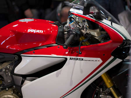 Verona, Italy - 2018 01 12: MBE Verona Bike Expo Bike and Custom car exibituon - Ducati 1199 panigale. High quality photoのeditorial素材