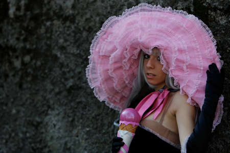 Lucca, Italy - 2018 10 31: Lucca Comics free cosplay event around city singer with pink microphone. High quality photoのeditorial素材