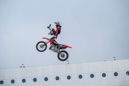 Milan, Italy - 2021 11 27: Eicma Milano Bike Expo Free Style motocross figures tricks. High quality photoのeditorial素材