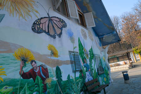 painting on Damanhur Vidracco common house in Piedmont Valchiusella. High quality photoのeditorial素材