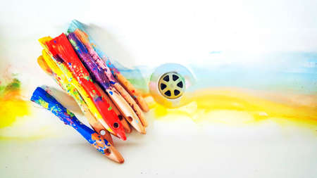 dirty paint brushes washed in the sink. High quality photoの写真素材