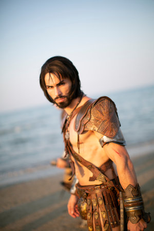 Rimini, Italy - 2016 07 21: Rimini Comics free cosplay event around beach and seaside spartacus Roman gladiator. High quality photoのeditorial素材