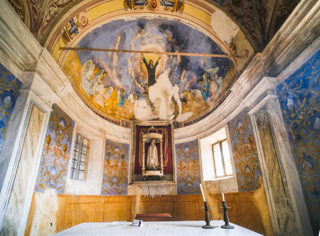 Domed Christian chapel with crucifix in abandoned church. High quality photoのeditorial素材