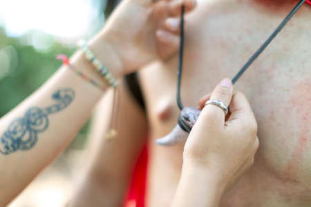 Rimini, Italy - 2016 07 21: Rimini Comics free cosplay event around beach and seaside Gorgo queen of Sparta with king Leonidas. High quality photoのeditorial素材