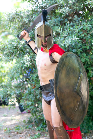 Rimini, Italy - 2016 07 21: Rimini Comics free cosplay event around beach and seaside sparatan king Leonidas. High quality photoのeditorial素材