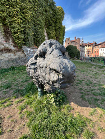 Pinerolo, Turin: 2021 10 01 bronze statue for sculpture exhibition around the city water buffalo. High quality photoのeditorial素材