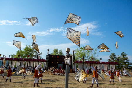 Canossa, Reggio Emilia - Italy: 2019 01 07 Medieval historical re-enactment of Martilde di Canossa with flag-wavers and extras in themed dresses. High quality photoのeditorial素材