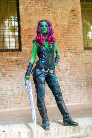 Lucca, Italy - 2018 10 31: Lucca Comics free cosplay event around city Guardians of the Galaxy Gamora. High quality photoのeditorial素材