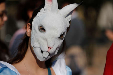 Lucca Comics free cosplay event around city rabbit mask. High quality photoの写真素材