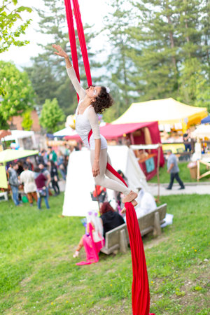 Modena, Italy - 2018 05 01: queen's day street artist with aerial tarps street artist with overhead tarps. High quality photoのeditorial素材