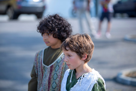 Canossa, Reggio Emilia - Italy: 2019 01 07 Medieval historical re-enactment of Martilde di Canossa with flag-wavers and extras in themed dresses. High quality photoのeditorial素材