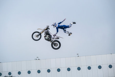 Milan, Italy - 2021 11 27: Eicma Milano Bike Expo Free Style motocross figures tricks. High quality photoのeditorial素材