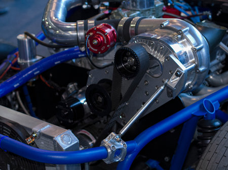 Verona, Italy - 2018 01 12: MBE Verona Bike Expo Bike and Custom car exibituon - american muscle car engine. High quality photoのeditorial素材