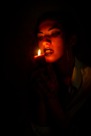 vampire dark goth girl with burning candles in a horror atmosphere. High quality photoの写真素材