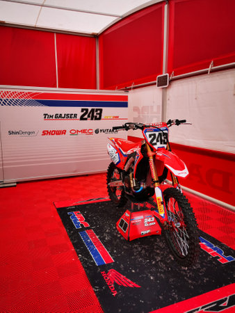 Mantova Italy 11 09 2021: MxGp Motocross paddock box Tim Gajser Honda Hrc 243. High quality photoのeditorial素材