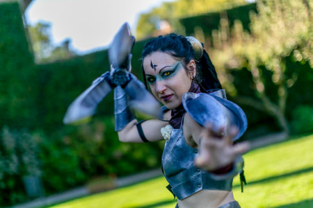 Lucca, Italy - 2018 10 31 : Lucca Comics free cosplay event around city woman warrior with spear....