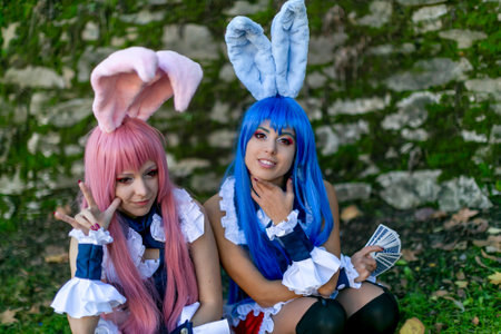 Lucca, Italy - 2018 10 31 : Lucca Comics free cosplay event around city couple manga rabbit bunny...