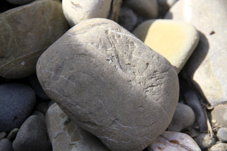pebbles and rocks in a riverbed with rounded pebbles. High-quality photo