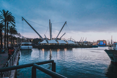 new port of Genoa at sunsetの写真素材
