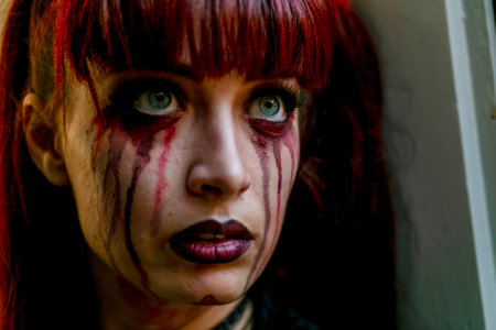 Lucca, Italy - 2018 10 31 : Lucca Comics free cosplay event around city portrait of girl with blood red tears. High-quality photoのeditorial素材