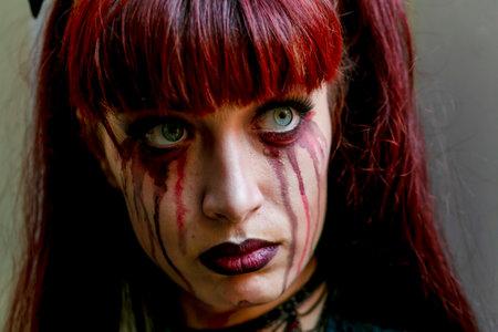 Lucca, Italy - 2018 10 31 : Lucca Comics free cosplay event around city portrait of girl with blood...