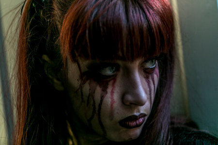 Lucca, Italy - 2018 10 31 : Lucca Comics free cosplay event around city portrait of girl with blood...