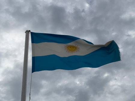 Argentina flag waving in the wind on sunny day. High-quality photoの写真素材