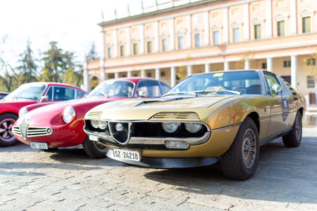 Reggio Emilia, Italy: 2019 05 04 free rally of classic vintage stories cars in downtown Alfa Romeo Montreal. High-quality photoのeditorial素材