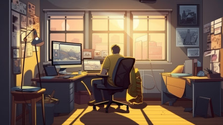 a trader sits with his back to us at the computer table on a gaming chair, a cozy loft room, in yellow colors, on the table there are newspapers or comics with heroes. High-quality photoの写真素材