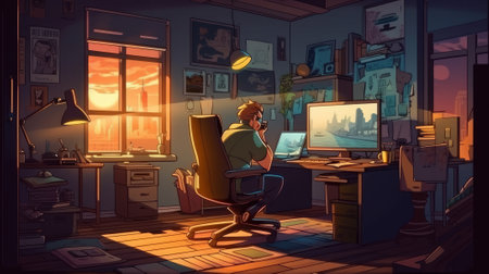 a trader sits with his back to us at the computer table on a gaming chair, a cozy loft room, in yellow colors, on the table there are newspapers or comics with heroes. High-quality photoの写真素材