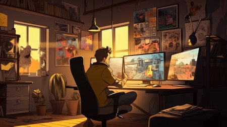 a trader sits with his back to us at the computer table on a gaming chair, a cozy loft room, in yellow colors, on the table there are newspapers or comics with heroes. High-quality photoの写真素材