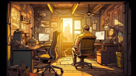a trader sits with his back to us at the computer table on a gaming chair, a cozy loft room, in...