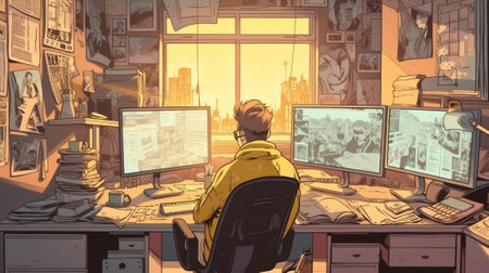 a trader sits with his back to us at the computer table on a gaming chair, a cozy loft room, in...