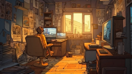 a trader sits with his back to us at the computer table on a gaming chair, a cozy loft room, in yellow colors, on the table there are newspapers or comics with heroes. High-quality photoの写真素材