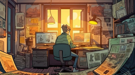 a trader sits with his back to us at the computer table on a gaming chair, a cozy loft room, in yellow colors, on the table there are newspapers or comics with heroes. High-quality photoの写真素材