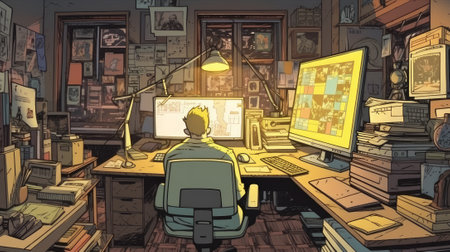 a trader sits with his back to us at the computer table on a gaming chair, a cozy loft room, in yellow colors, on the table there are newspapers or comics with heroes. High-quality photoの写真素材