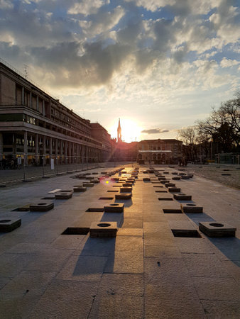 Reggio emilia overview of piazza della Vittoria with fountain in sunny day. High-quality photoの写真素材