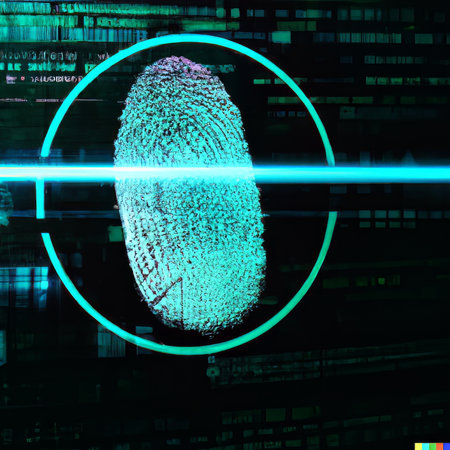 Fingerprint scanning, biometric authentication, cybersecurity and fingerprint password, future technology and cybernetic. E-kyc technology against digital cyber crime. High-quality photoの写真素材