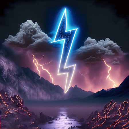 3d render. Abstract landscape background with glowing neon bolt symbol, stormy clouds, lightning and rocky mountains at night, high quality imageの写真素材