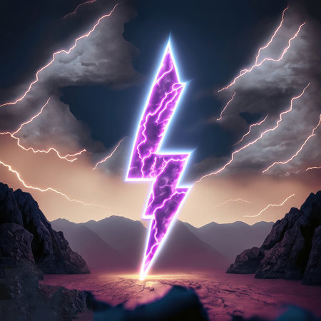 3d render. Abstract landscape background with glowing neon bolt symbol, stormy clouds, lightning and...