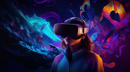 boy with headset on neon background. High-quality photoの写真素材