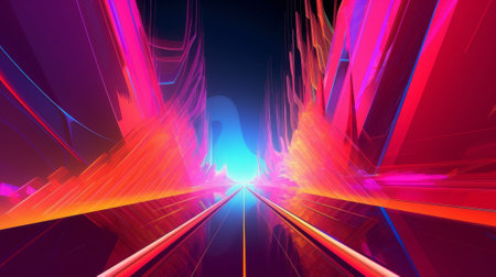 futuristic background with colorful neon lights and road. High-quality photoの写真素材