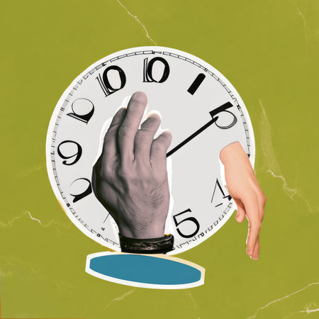 hand with clock as as a metaphor for time passing idea Art collage. High-quality photo