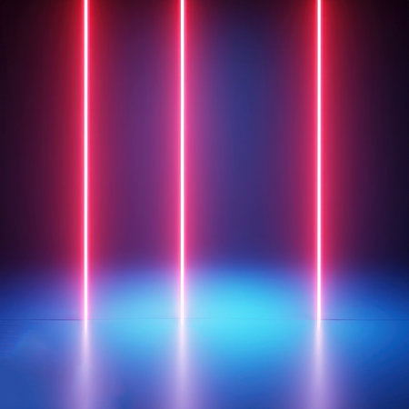 3d render. Abstract futuristic neon background Red blue lines, glowing in the dark Ultraviolet...