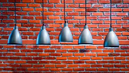 Many pendant lamps against red old brick wall. High-quality photo