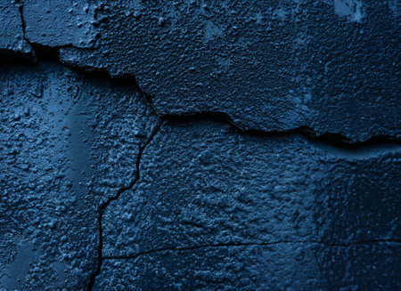 Black dark navy blue texture background for design. Toned rough concrete surface. A painted old building wall with cracks. Close up. Distressed, broken, crushed, collapsed, destroyed. High-quality photoの写真素材