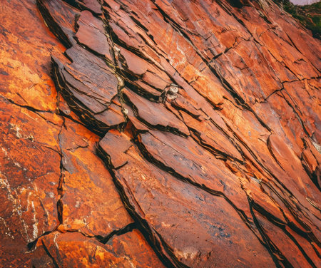 Dark red orange brown rock texture with cracks. Close up. Rough mountain surface. Stone granite background for design. natures. High-quality photoの写真素材